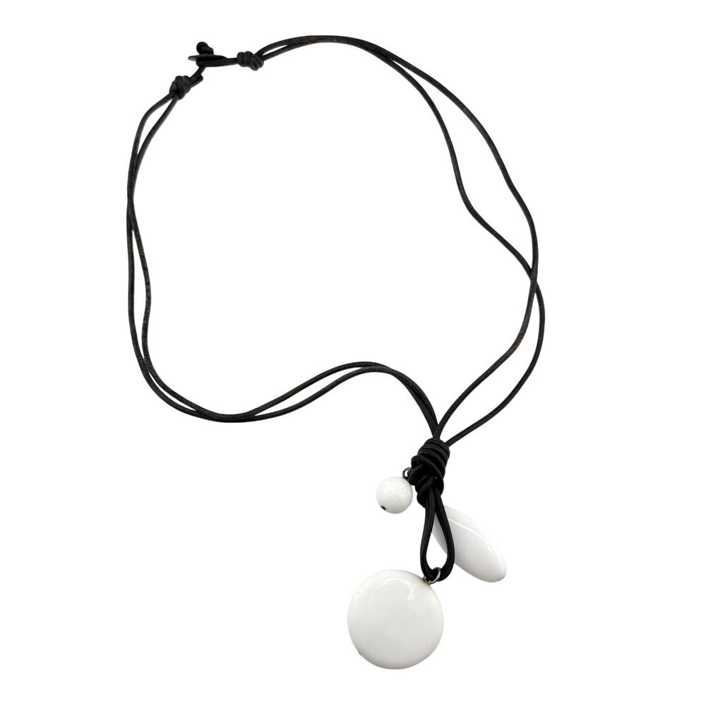 Handmade Boho Primitive White Glass Chunky Beads Leather Y Drop 26" Necklace